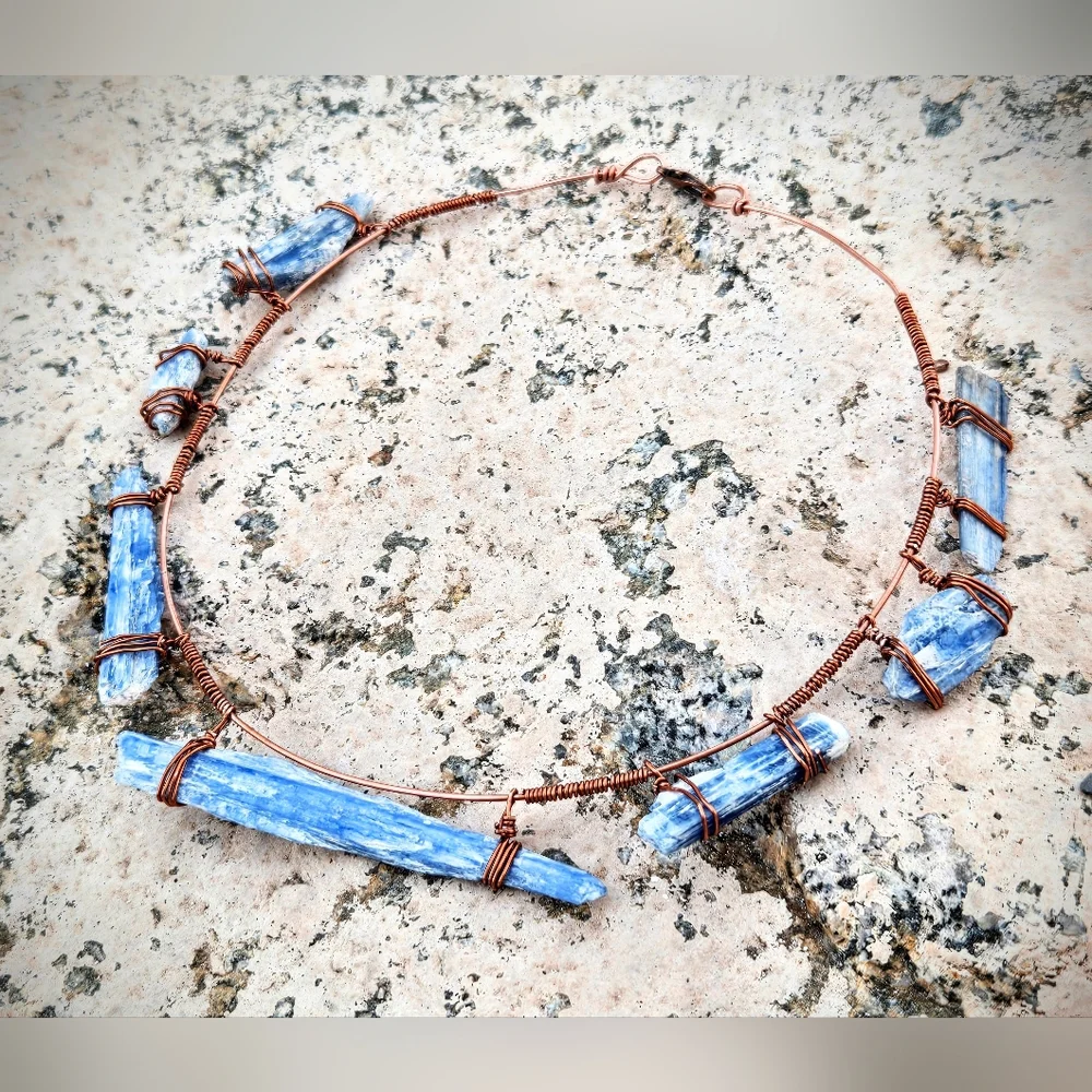 Awakening Natural Blue Kyanite Blades In Handwired Primitive Copper Necklace